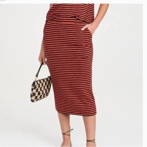 Clare V Le Tube Striped Midi Skirt Orange Black Small Artsy Academia Career Fall - Picture 2 of 9